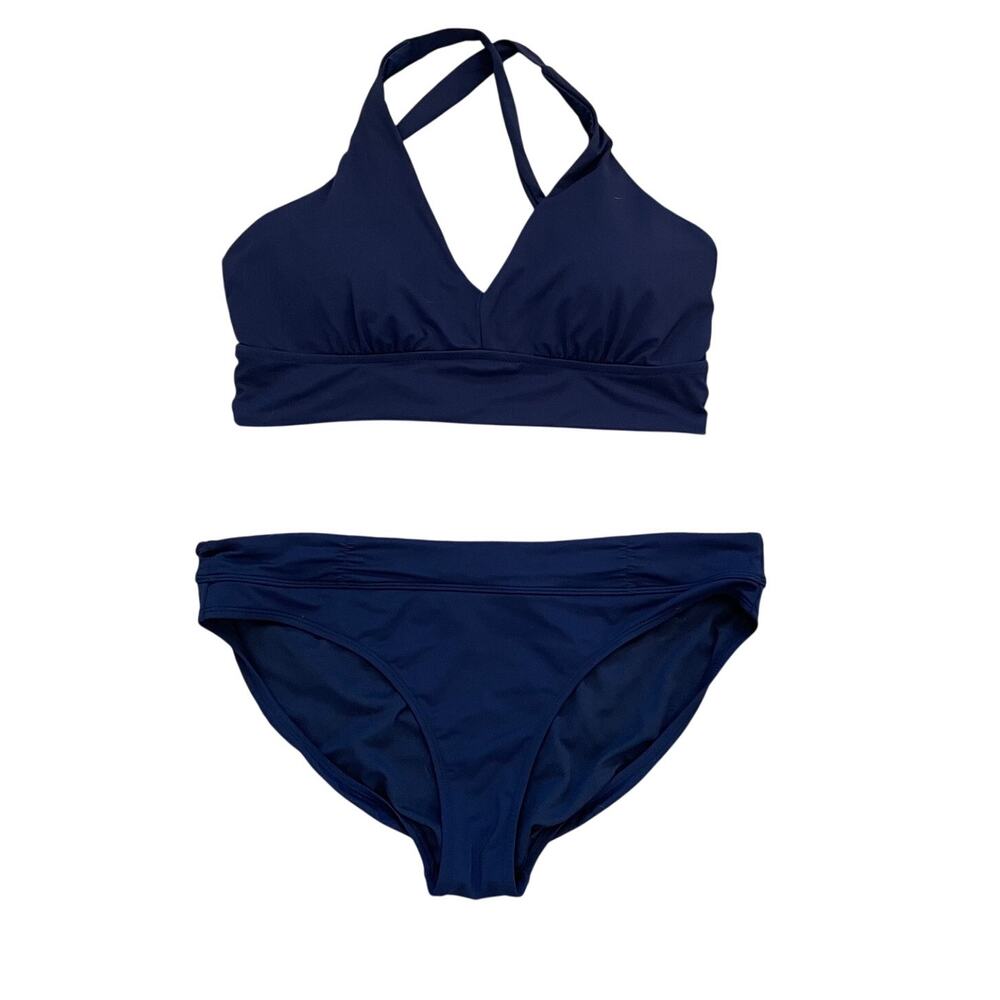 Athleta Navy Blue Plunge Bikini, Criss Cross Tie, Ruched Bottoms, Size Large